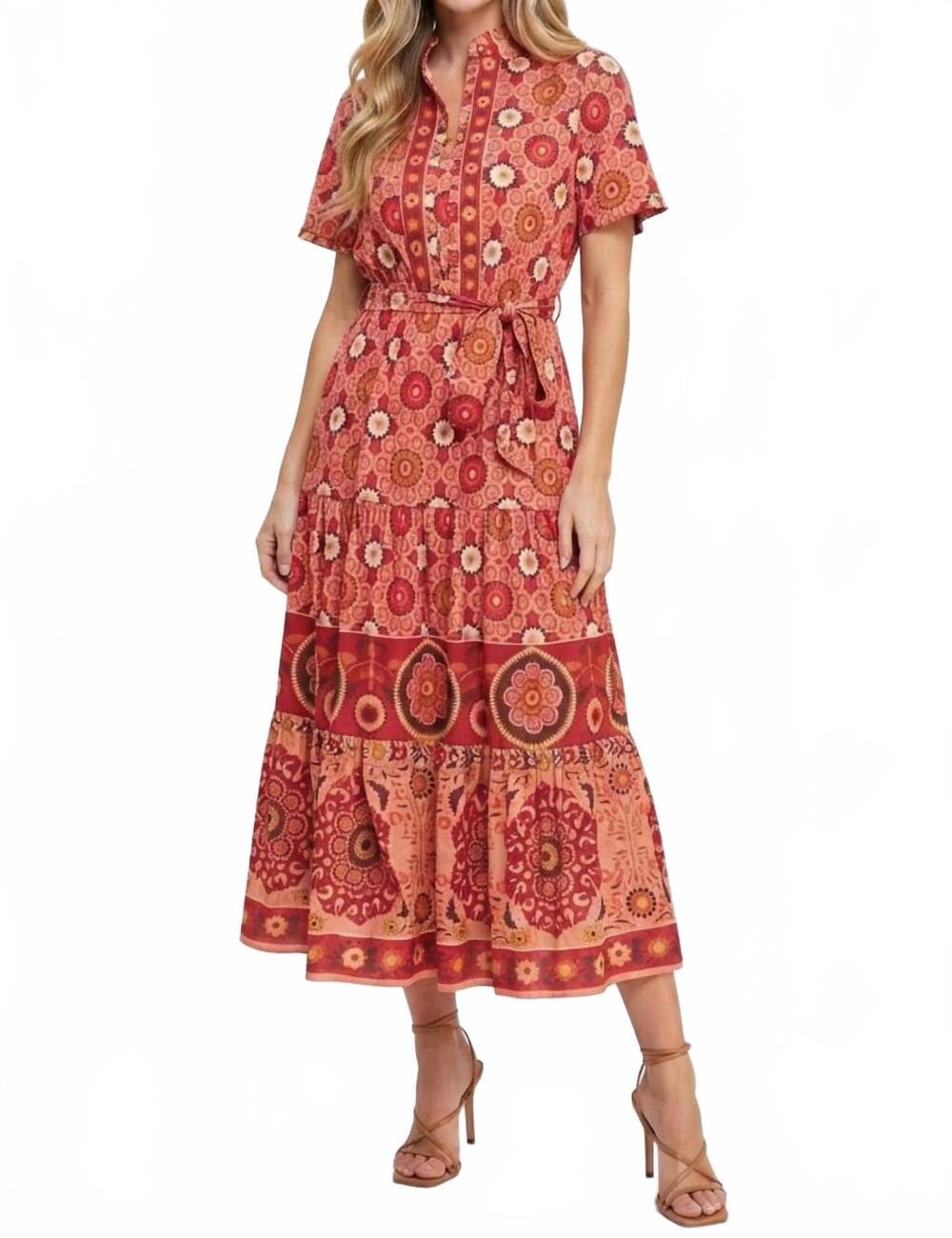 NEW LONDON TIMES women's floral print aline maxi dress in sand c red